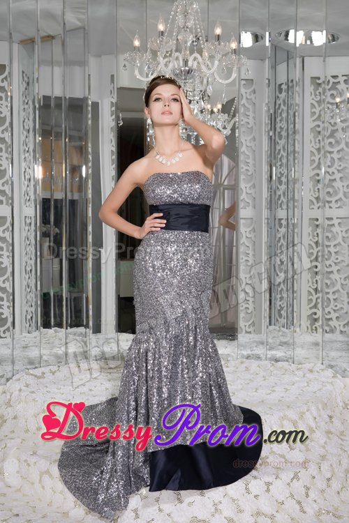 Sequined Prom Graduation Dresses with Sash Mermaid with Brush Train