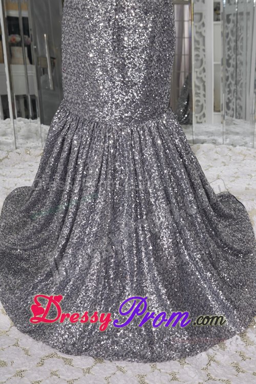 Sequined Prom Graduation Dresses with Sash Mermaid with Brush Train