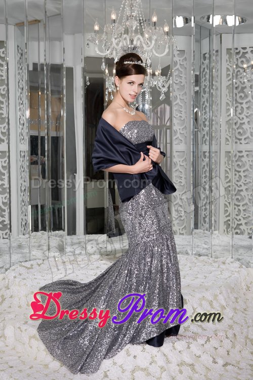 Sequined Prom Graduation Dresses with Sash Mermaid with Brush Train