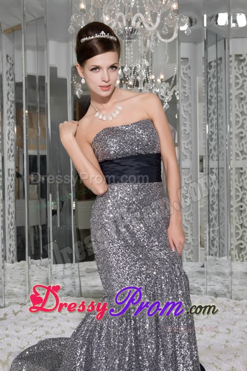 Sequined Prom Graduation Dresses with Sash Mermaid with Brush Train