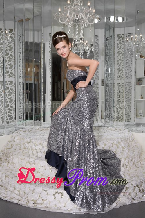 Sequined Prom Graduation Dresses with Sash Mermaid with Brush Train