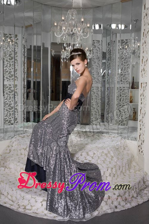 Sequined Prom Graduation Dresses with Sash Mermaid with Brush Train