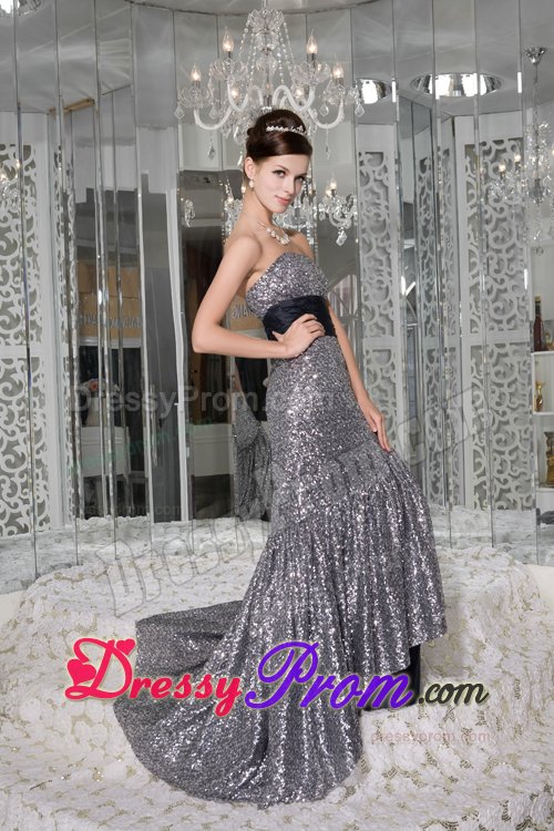Sequined Prom Graduation Dresses with Sash Mermaid with Brush Train