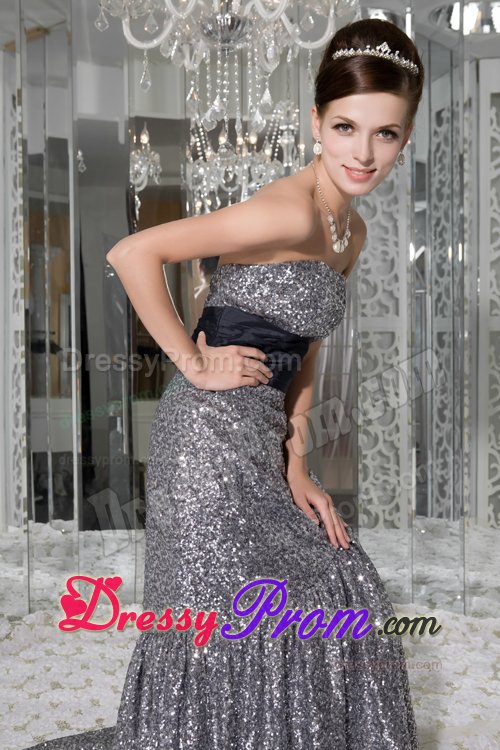 Sequined Prom Graduation Dresses with Sash Mermaid with Brush Train