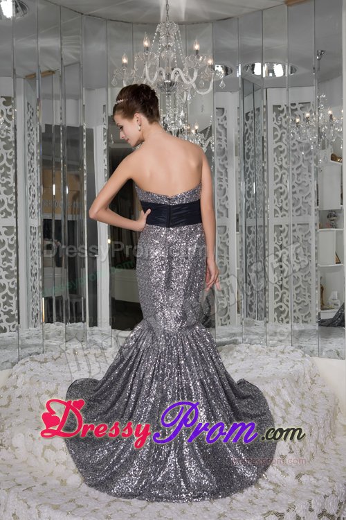 Sequined Prom Graduation Dresses with Sash Mermaid with Brush Train