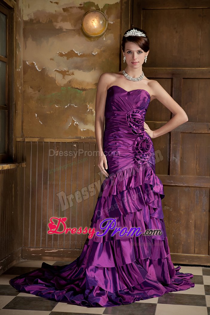 Mermaid Purple Prom Gown Dress Hand Made Flowers Ruffled Layers