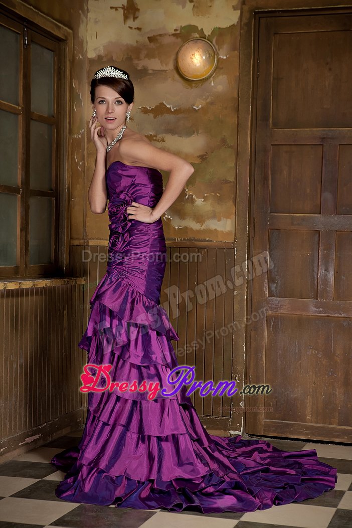 Mermaid Purple Prom Gown Dress Hand Made Flowers Ruffled Layers