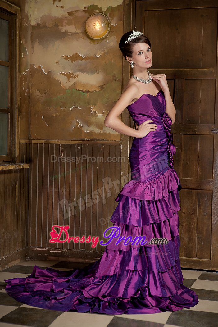 Mermaid Purple Prom Gown Dress Hand Made Flowers Ruffled Layers