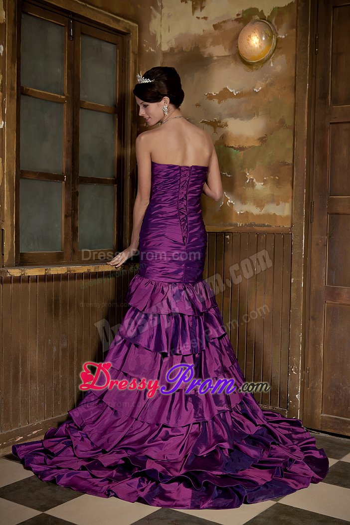 Mermaid Purple Prom Gown Dress Hand Made Flowers Ruffled Layers