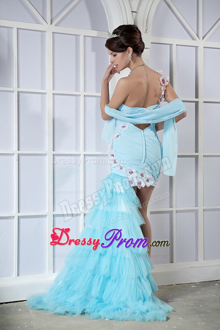 Light Blue Ruches Prom Holiday Dress Appliques Mini-length High-low