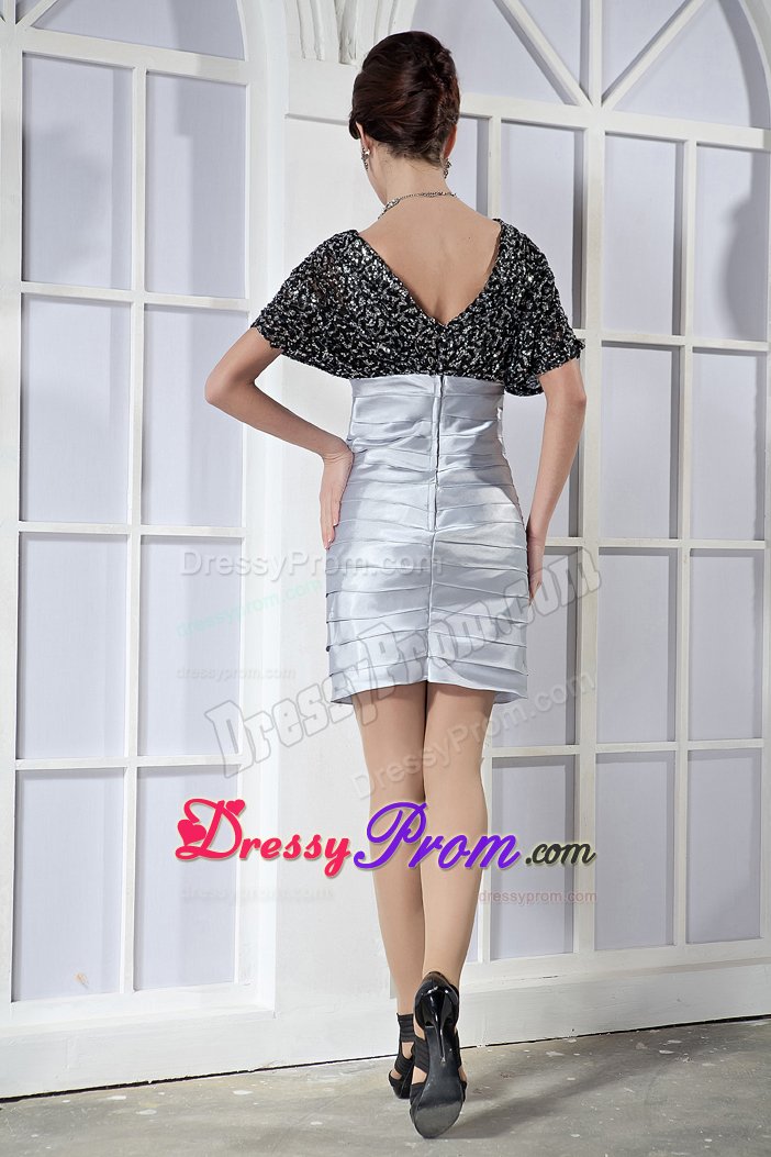 V-neck Ruched Prom Party Dress Sequins Short Sleeves Black and Silver
