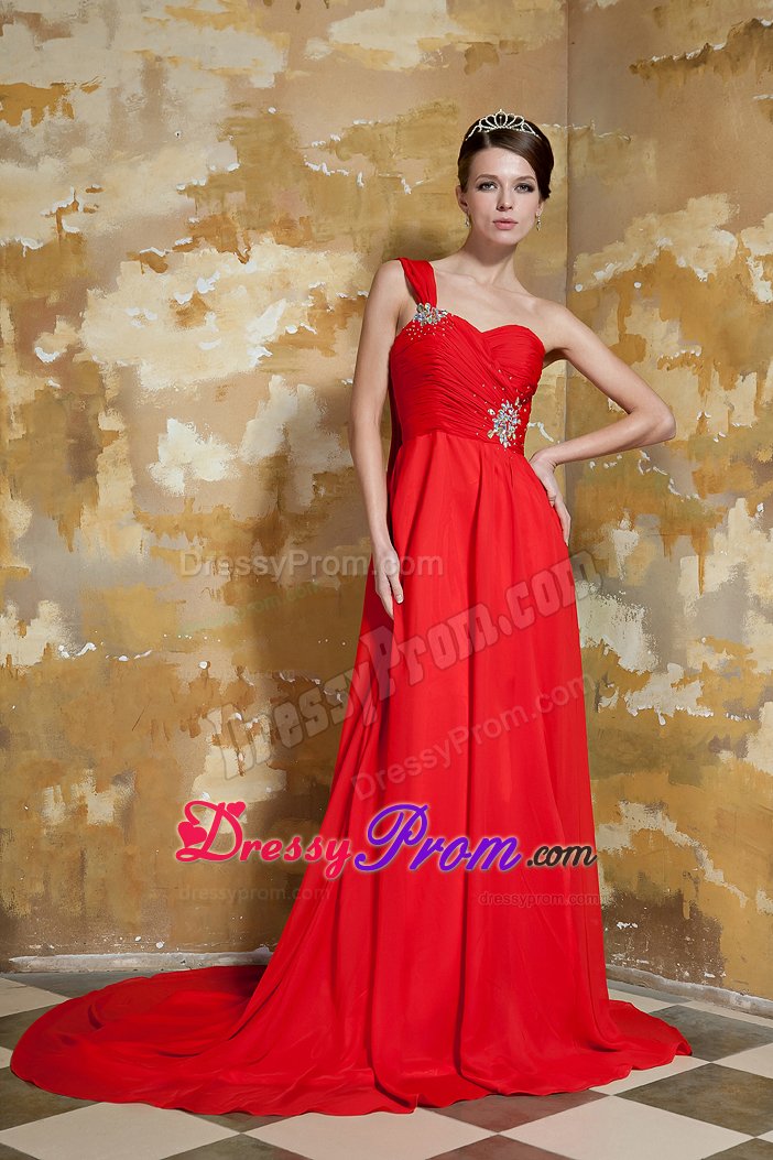 Red One Shoulder Ruches Beaded Dress for Prom Dress Watteau Train