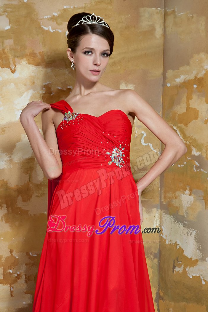 Red One Shoulder Ruches Beaded Dress for Prom Dress Watteau Train