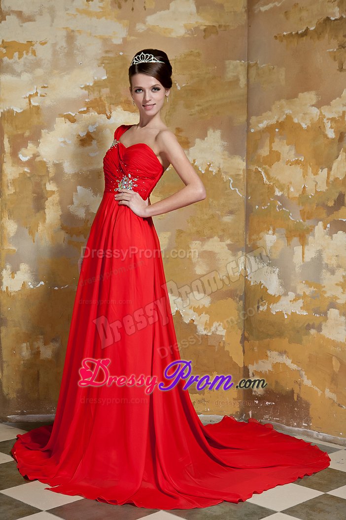 Red One Shoulder Ruches Beaded Dress for Prom Dress Watteau Train