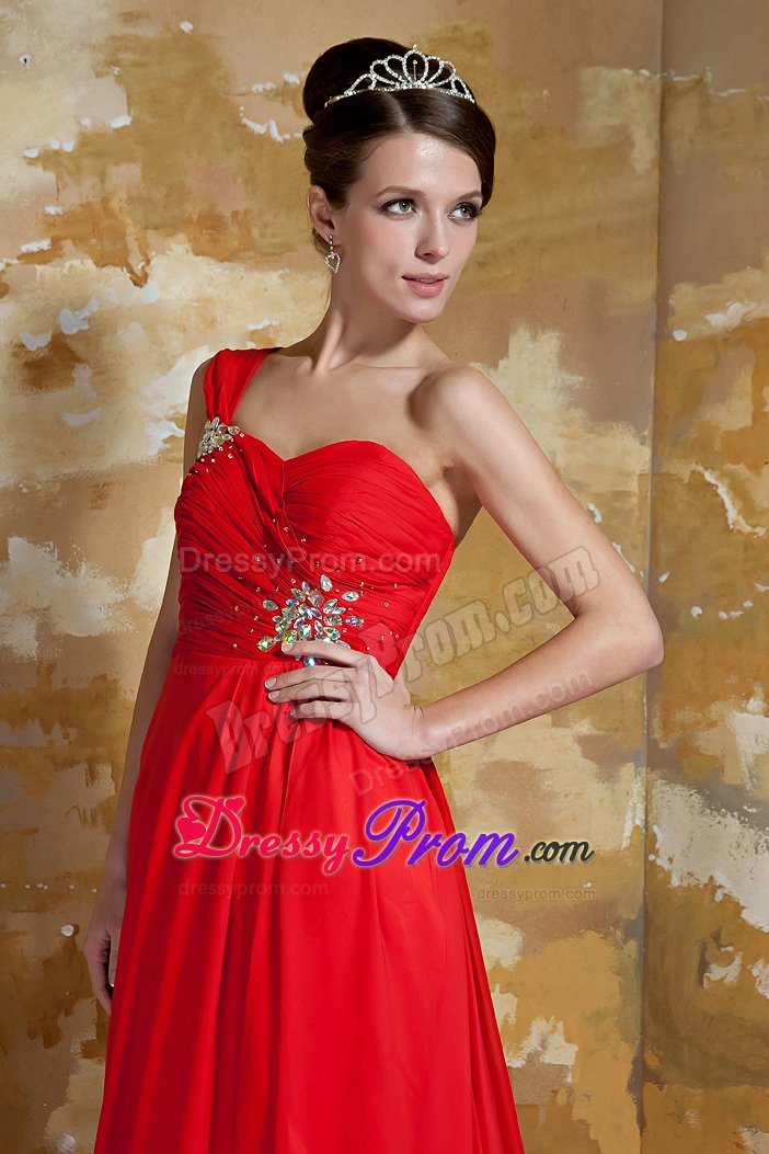 Red One Shoulder Ruches Beaded Dress for Prom Dress Watteau Train