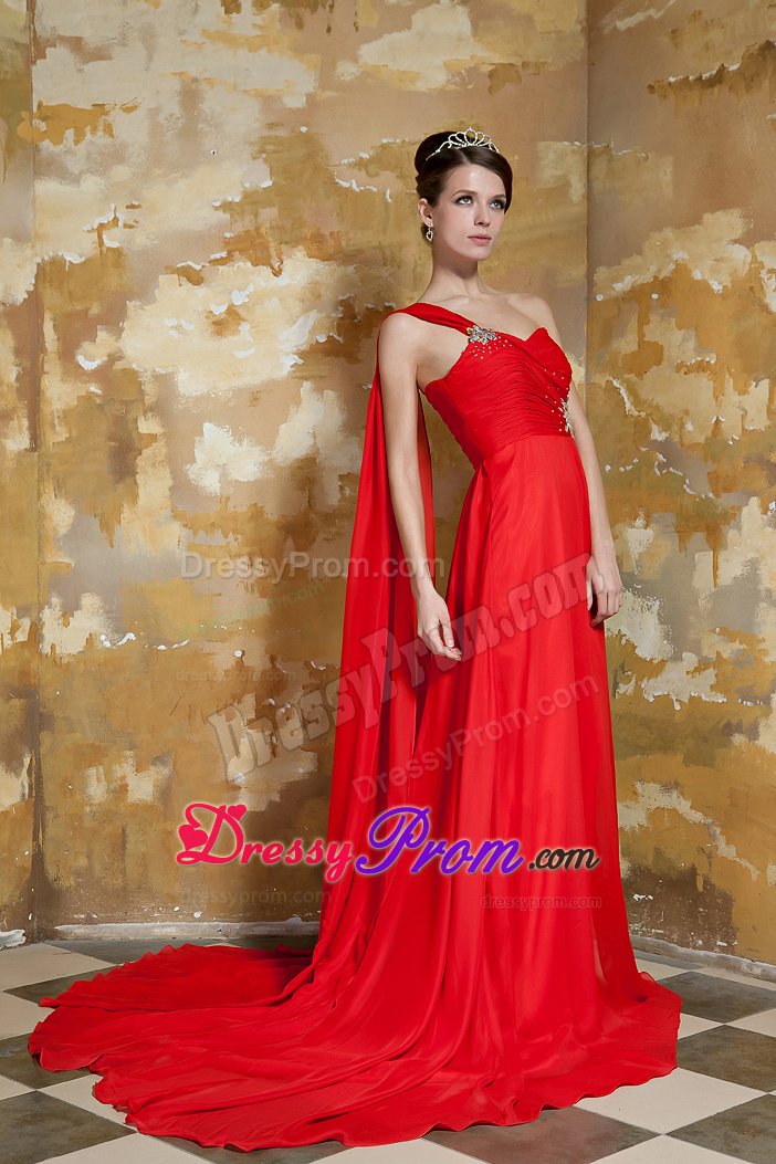 Red One Shoulder Ruches Beaded Dress for Prom Dress Watteau Train