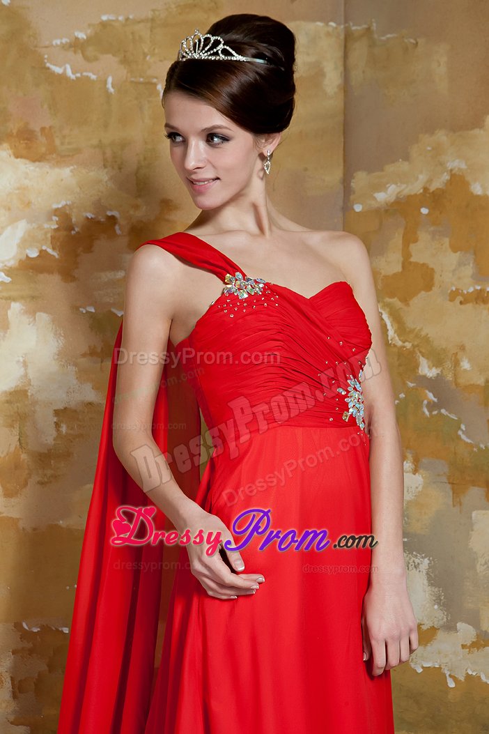 Red One Shoulder Ruches Beaded Dress for Prom Dress Watteau Train