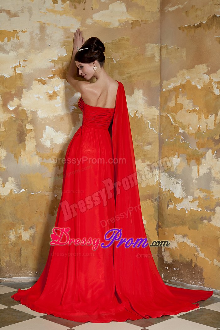 Red One Shoulder Ruches Beaded Dress for Prom Dress Watteau Train