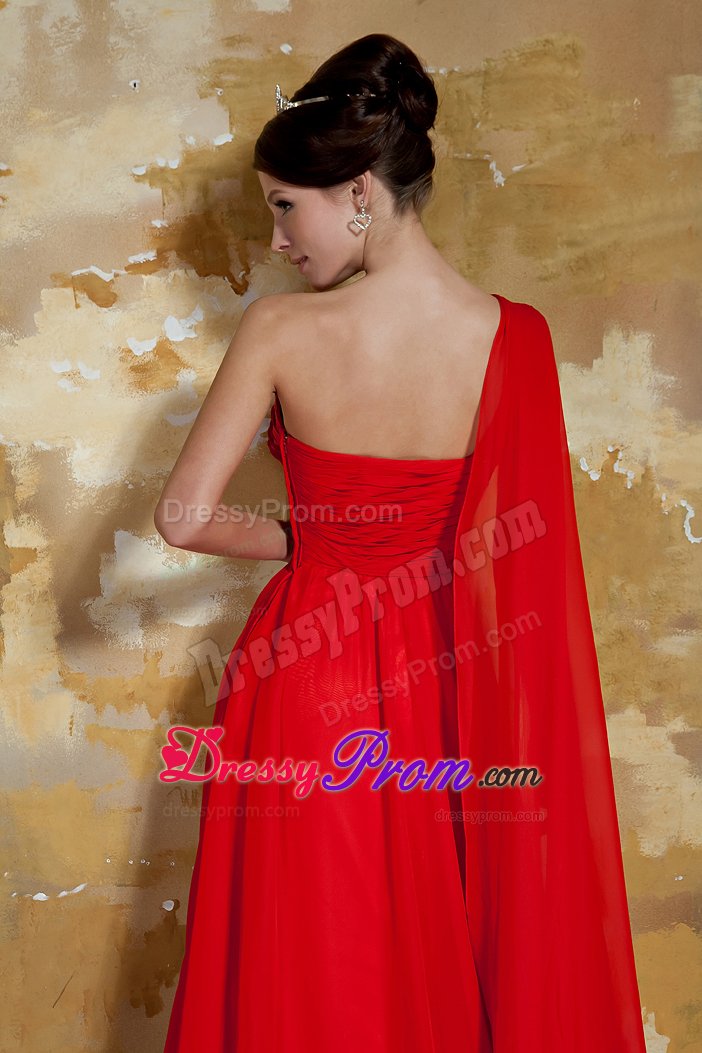 Red One Shoulder Ruches Beaded Dress for Prom Dress Watteau Train