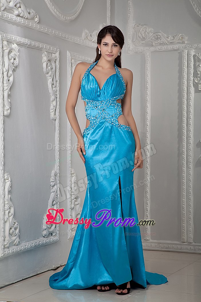Halter Beaded Prom Formal Dresses with Stomach Cutouts Sweep Train