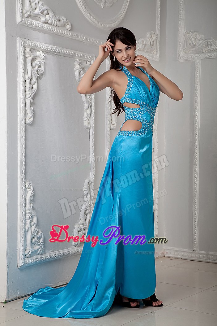 Halter Beaded Prom Formal Dresses with Stomach Cutouts Sweep Train