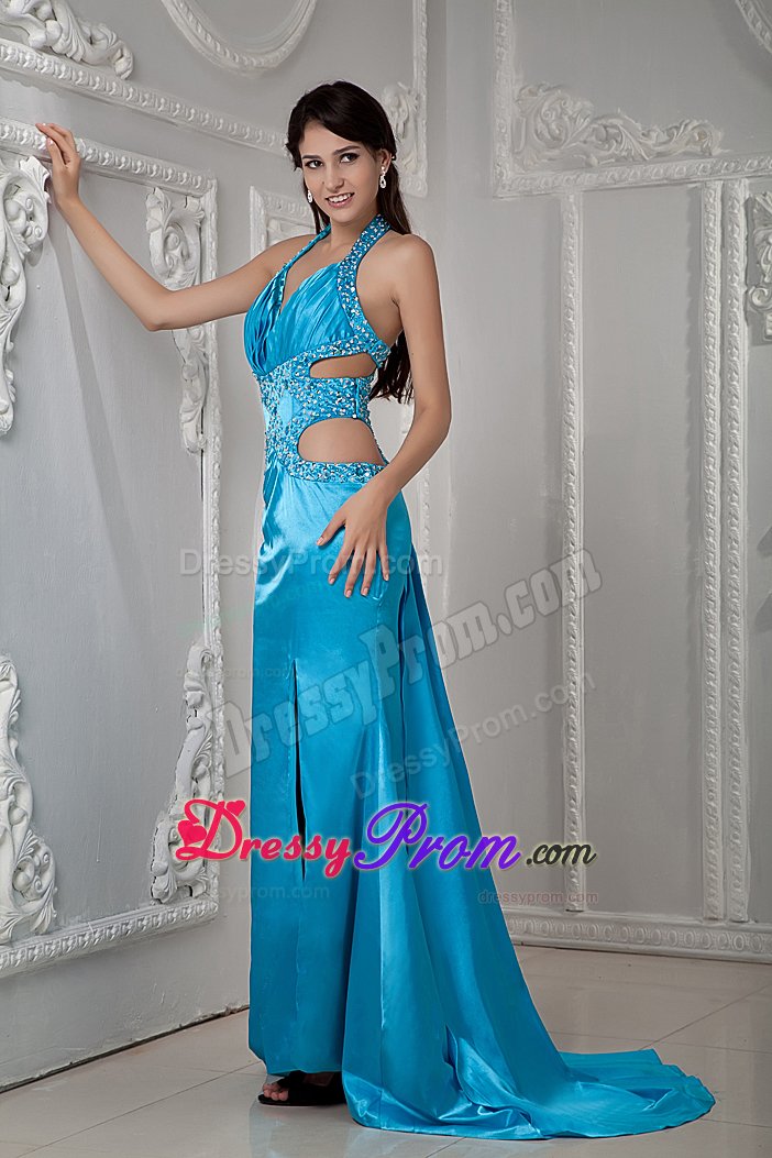 Halter Beaded Prom Formal Dresses with Stomach Cutouts Sweep Train