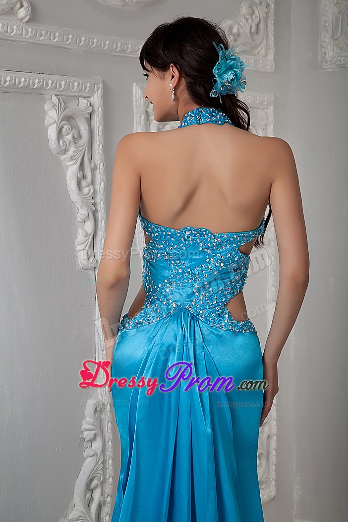 Halter Beaded Prom Formal Dresses with Stomach Cutouts Sweep Train