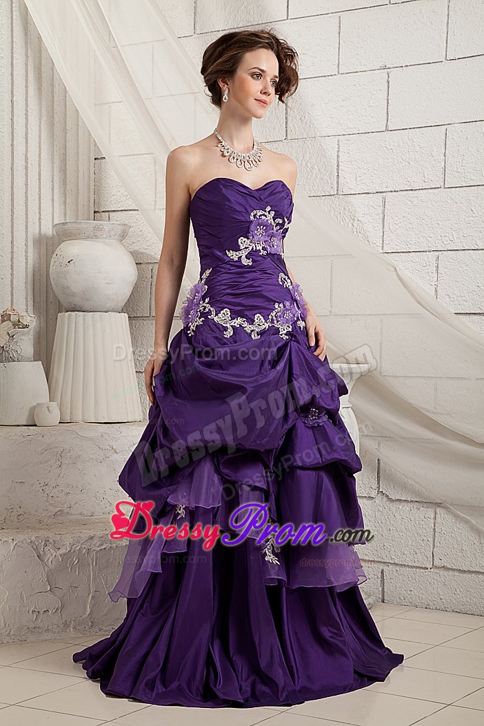 Sexy Taffeta and Organza Prom Gowns Dresses Sweep Train Appliques