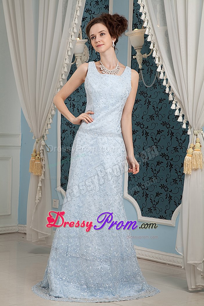Zipper-up Light Blue Square Prom Formal Dress Sleeveless Sweep Train