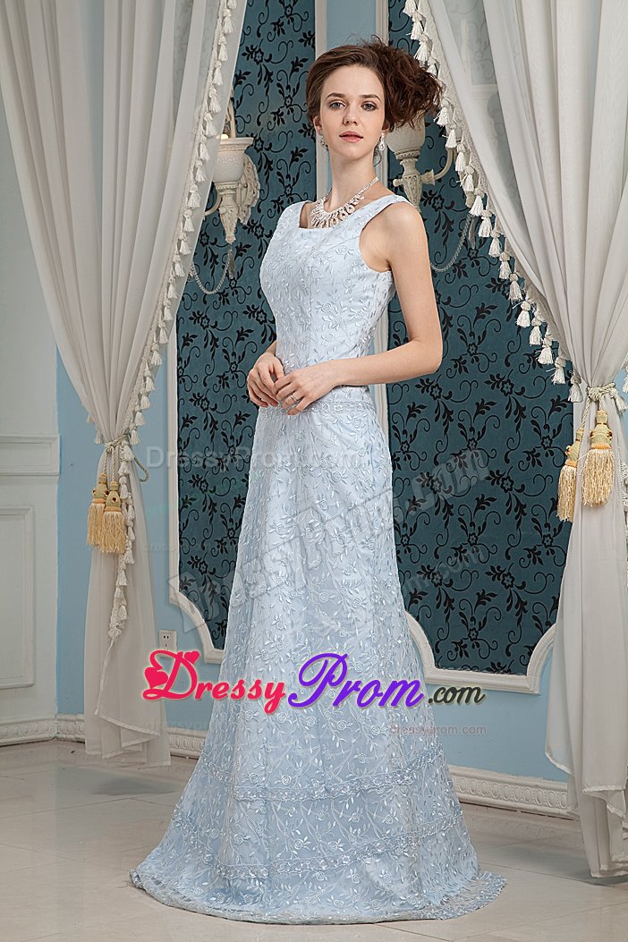 Zipper-up Light Blue Square Prom Formal Dress Sleeveless Sweep Train