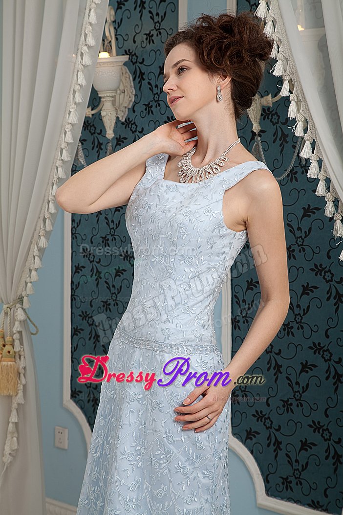 Zipper-up Light Blue Square Prom Formal Dress Sleeveless Sweep Train