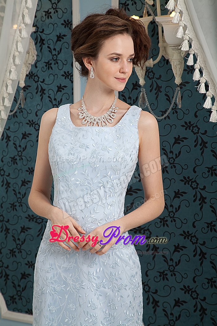 Zipper-up Light Blue Square Prom Formal Dress Sleeveless Sweep Train