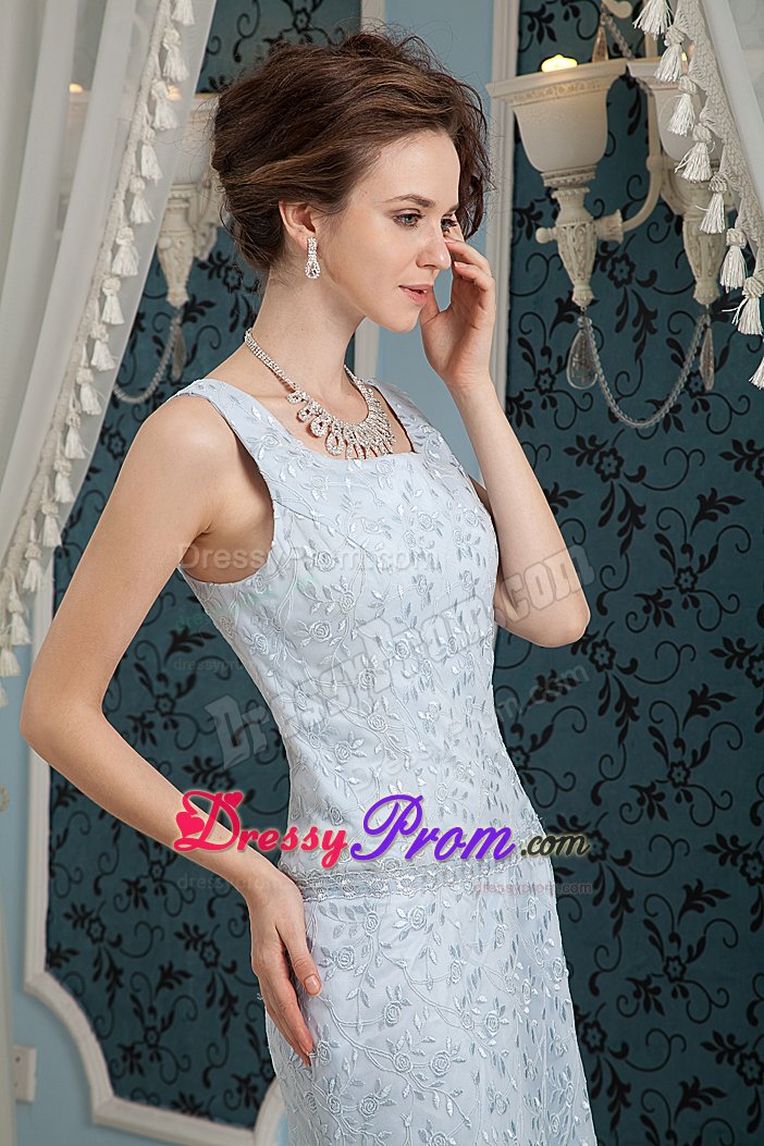 Zipper-up Light Blue Square Prom Formal Dress Sleeveless Sweep Train