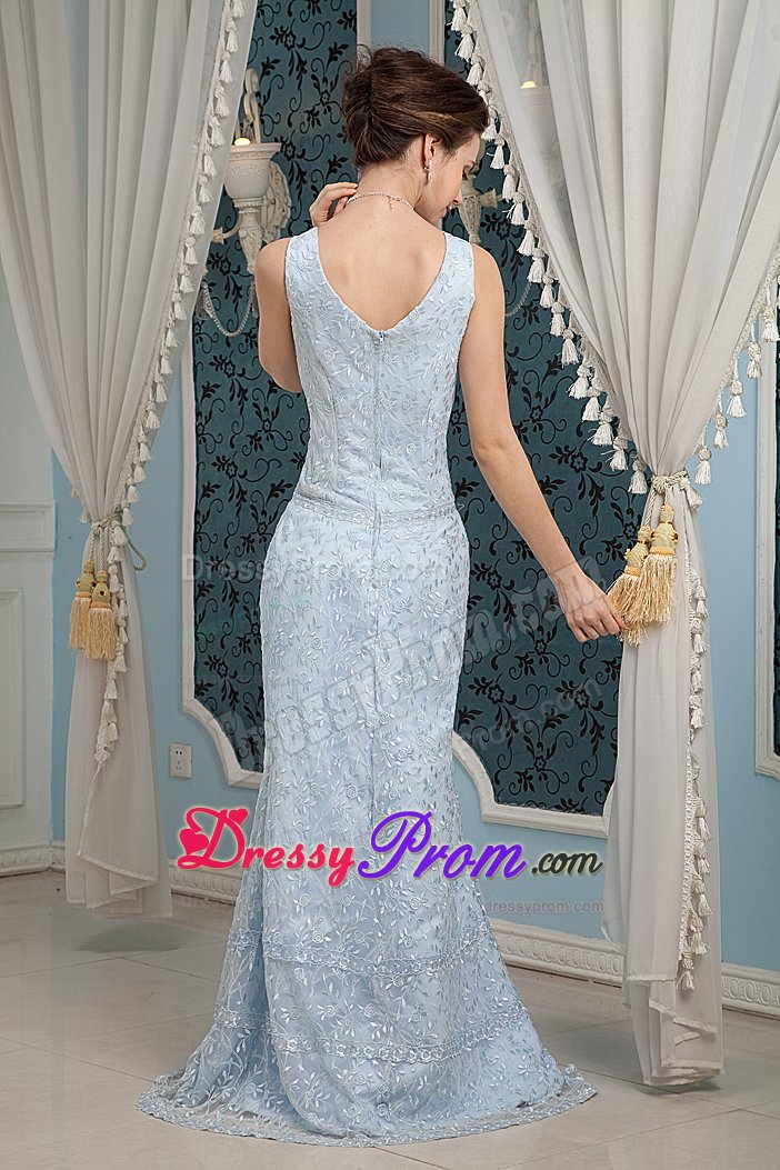 Zipper-up Light Blue Square Prom Formal Dress Sleeveless Sweep Train