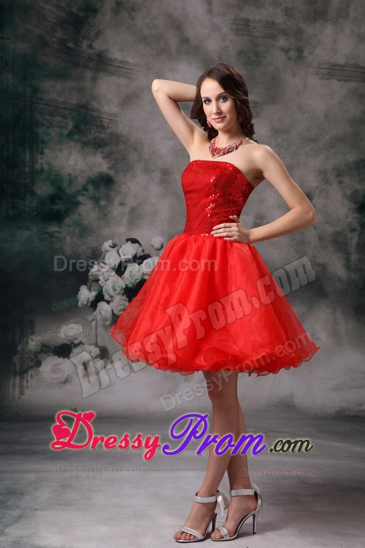 Recent Red Sequined Prom Gown Dresses Gowns Strapless Mini-length