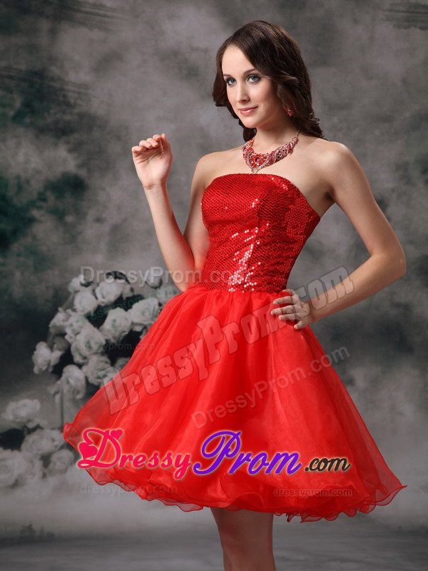 Recent Red Sequined Prom Gown Dresses Gowns Strapless Mini-length