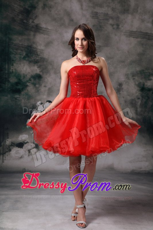 Recent Red Sequined Prom Gown Dresses Gowns Strapless Mini-length