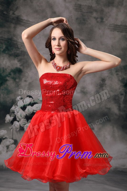 Recent Red Sequined Prom Gown Dresses Gowns Strapless Mini-length