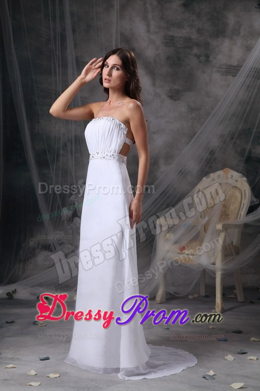 New Strapless Column Ruched Beaded White Prom Maxi Dress