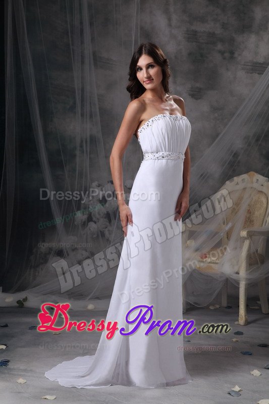 New Strapless Column Ruched Beaded White Prom Maxi Dress