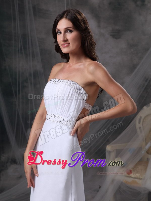 New Strapless Column Ruched Beaded White Prom Maxi Dress