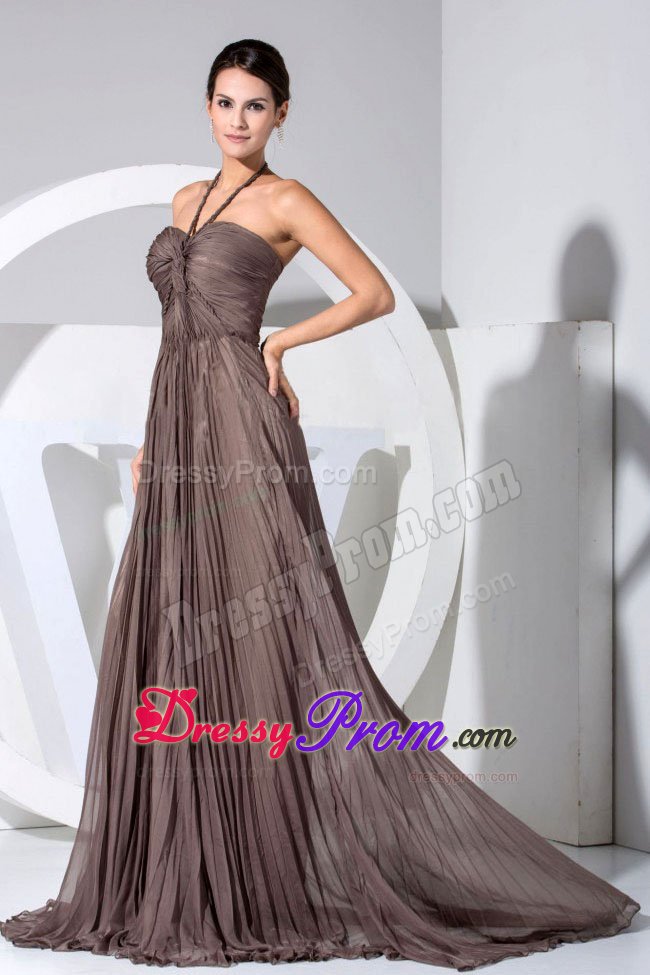 2013 Halter Top Column Ruched Pleated Brown Prom Maxi Dress