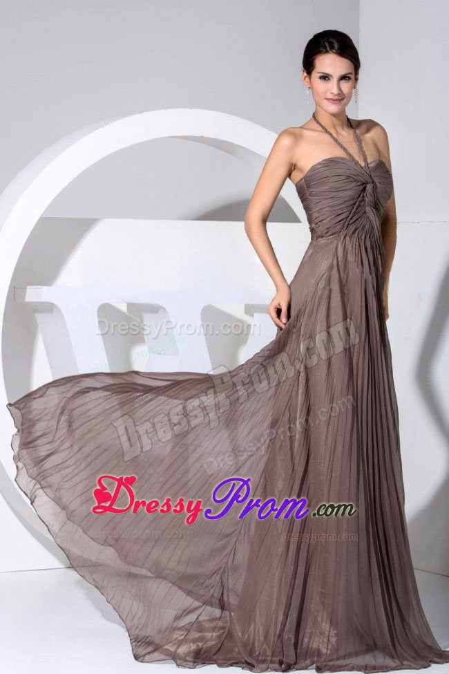 2013 Halter Top Column Ruched Pleated Brown Prom Maxi Dress