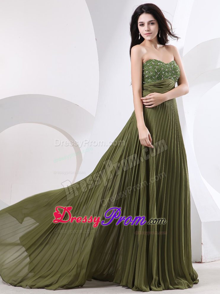 Olive Green Brush Train Prom Holiday Dress with Beading and Pleats