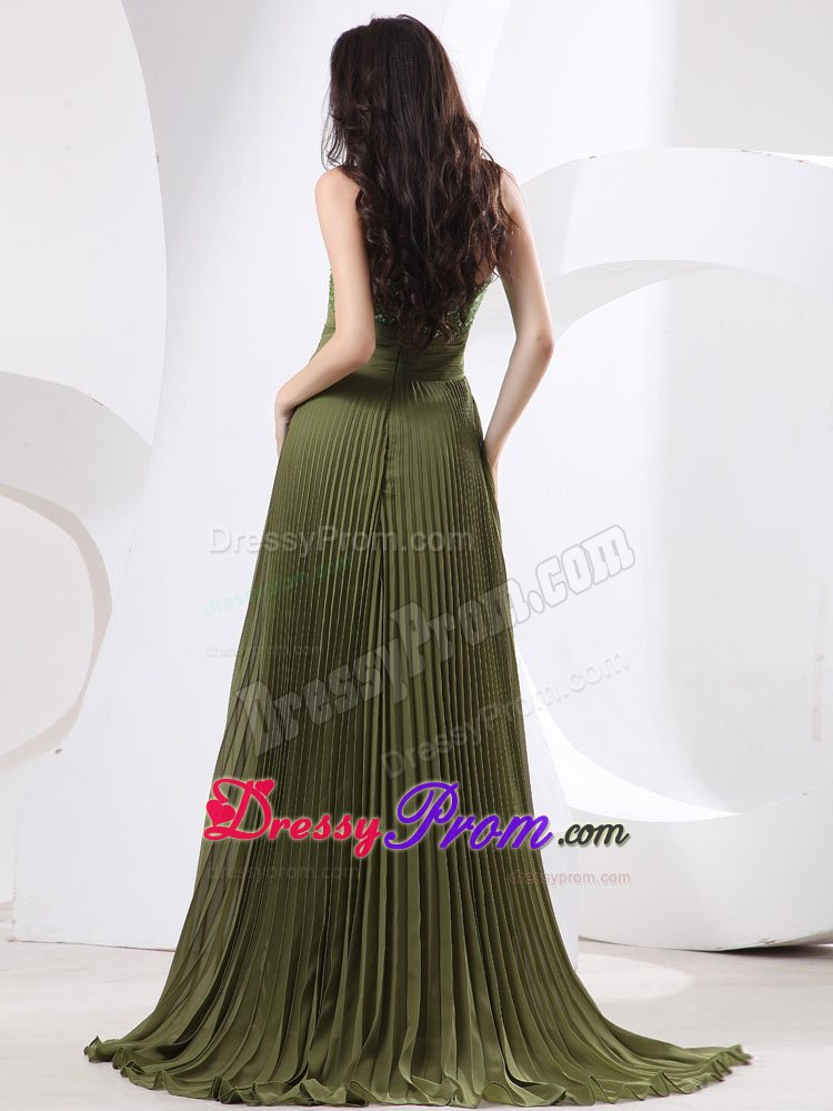 Olive Green Brush Train Prom Holiday Dress with Beading and Pleats