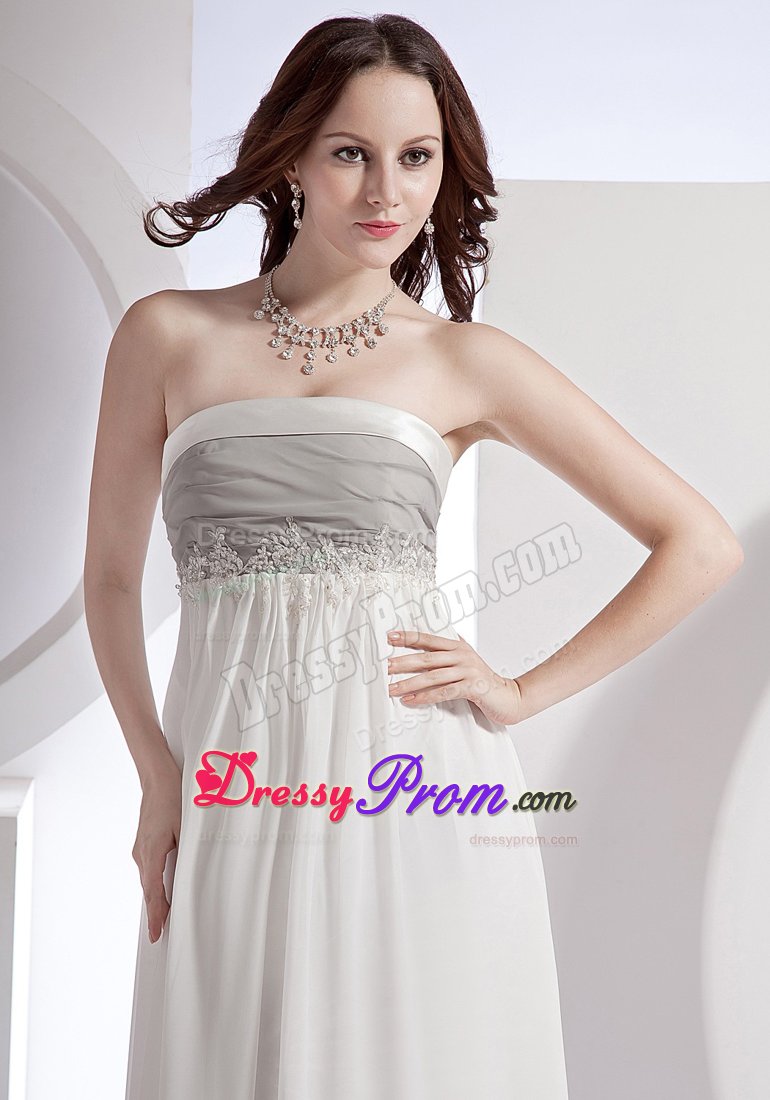 Appliqued Strapless White Chiffon Prom Holiday Dress with Train