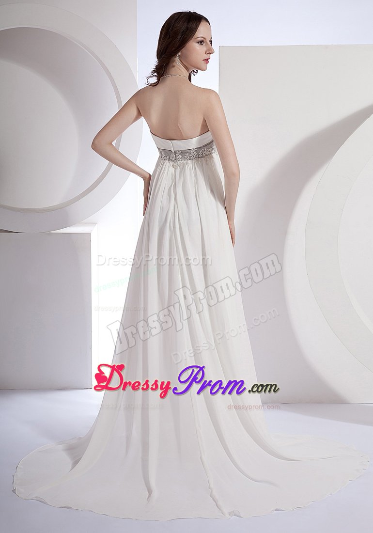 Appliqued Strapless White Chiffon Prom Holiday Dress with Train