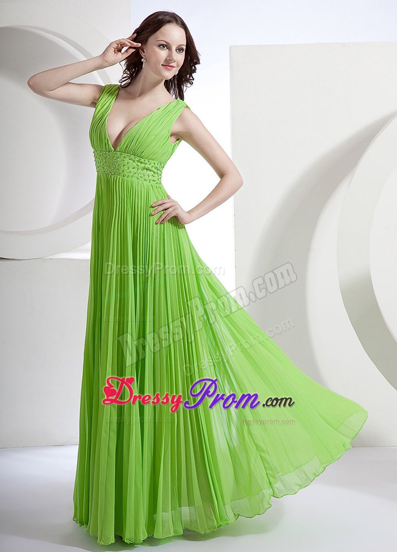 Beaded and Pleated V-neck Prom Holiday Dress in Bud Green 2014