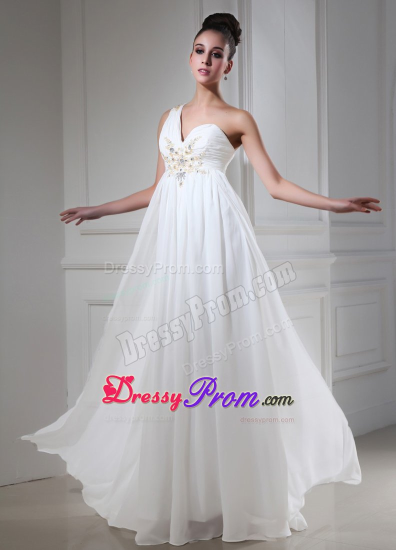 Beading and Ruches Accent One Shoulder White Prom Holiday Dress