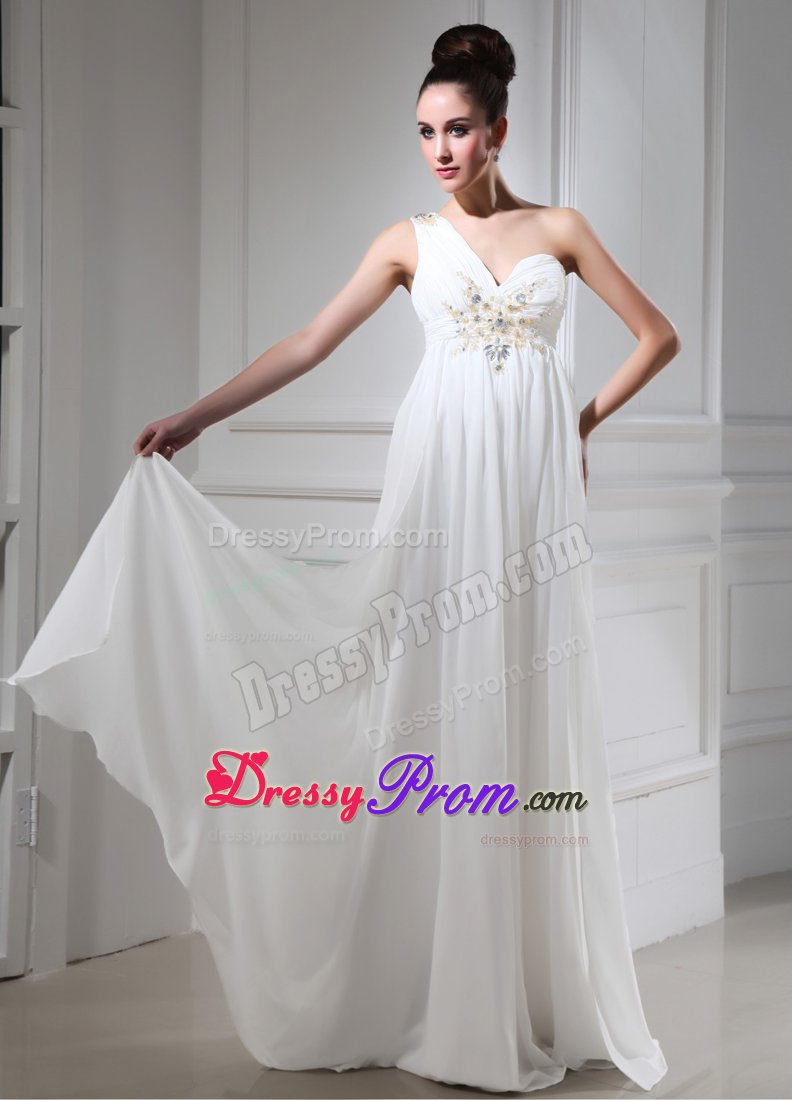 Beading and Ruches Accent One Shoulder White Prom Holiday Dress